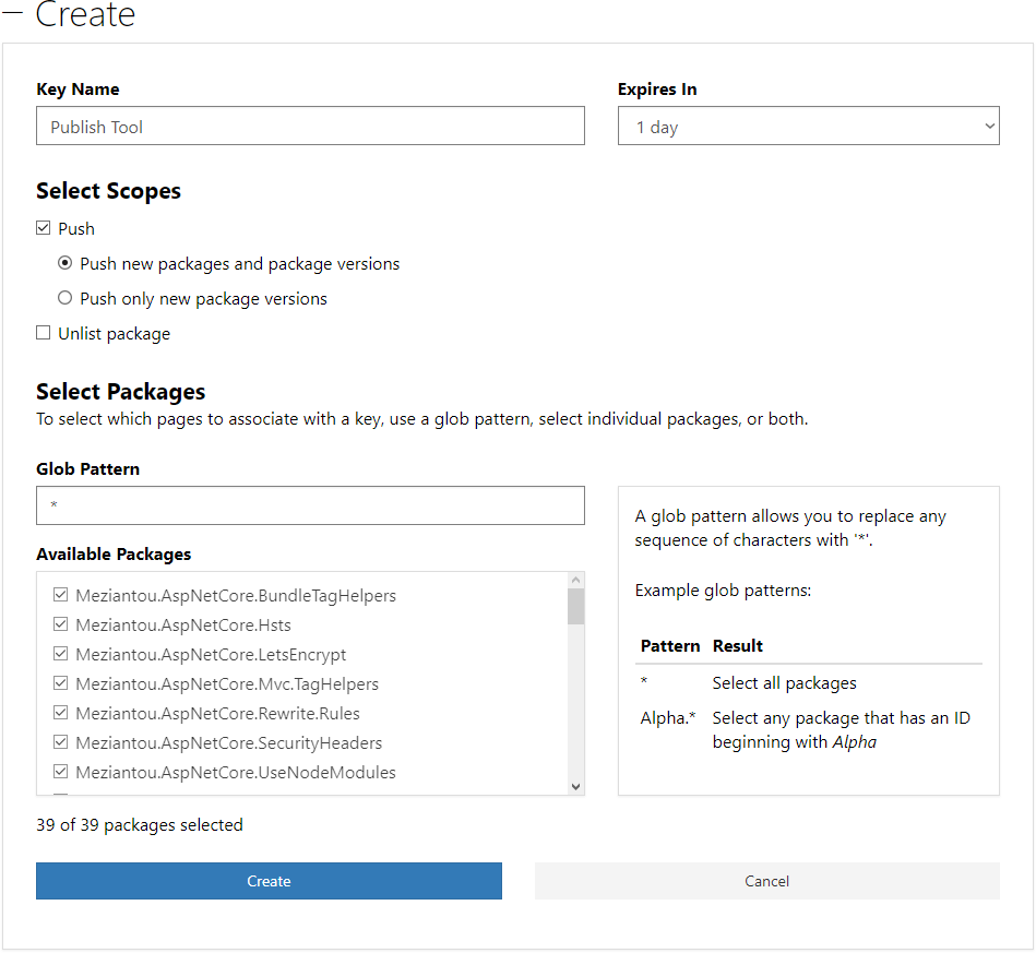 Create NuGet API key on nuget.org