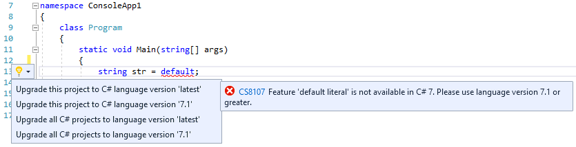 Enabling C# features using lightbulb