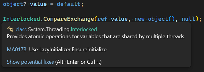Meziantou.Analyzer suggesting to use LazyInitializer.EnsureInitialized