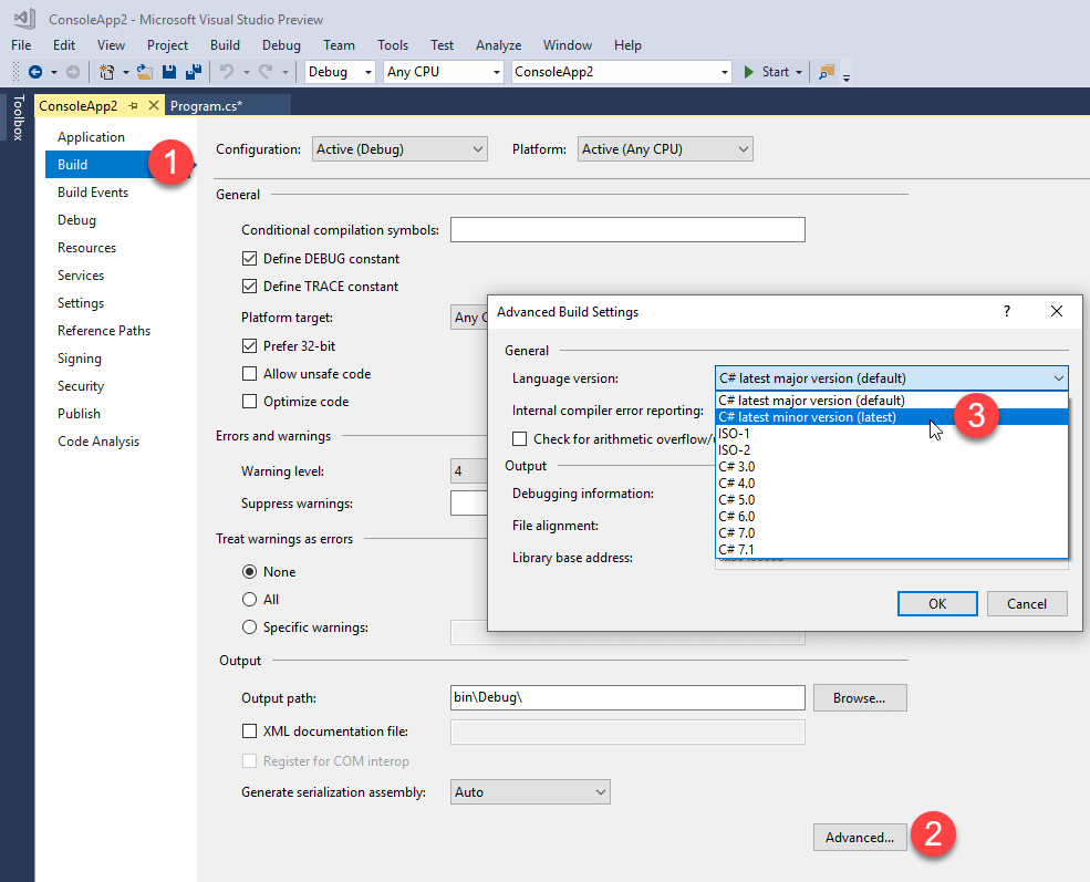 Enabling C# features using project properties