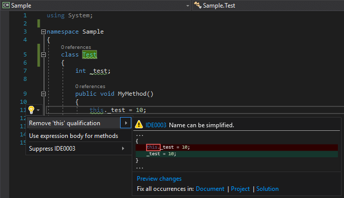Quick Fixes using the quick action menu