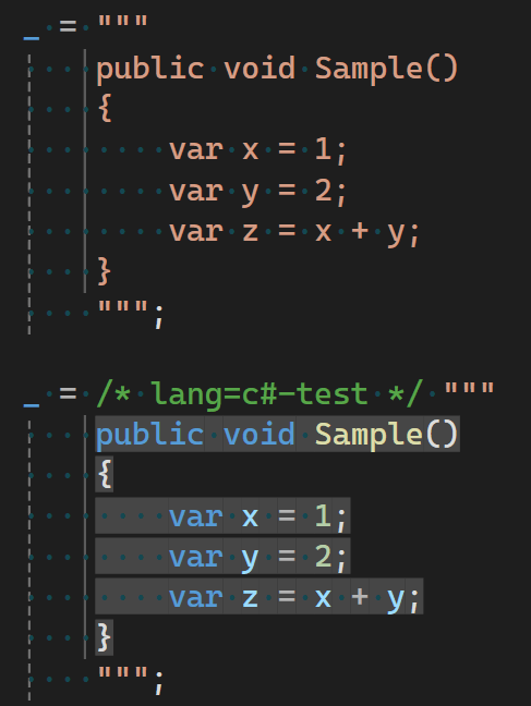 Syntax highlighting using a comment