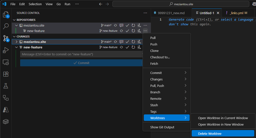 Delete a worktree in VS Code