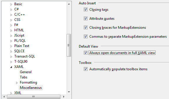 XAML Options in Visual Studio